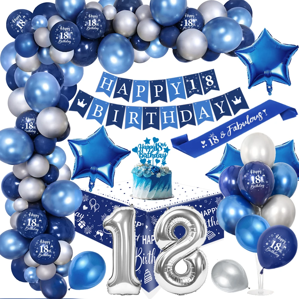 18./30. Dekoracje urodzinowe dla chłopców i mężczyzn Niebieski balon Szarfa urodzinowa Obrus Gwiazda Balon foliowy Happy Birthday Banner