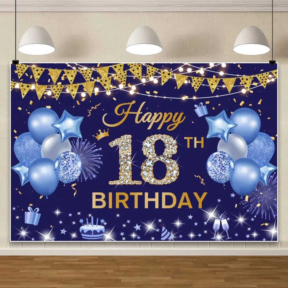 Laeacco Royal Navy Blue Happy Birthday Party Backdrop Gold Glitter Balloons Gift Flowers Adults Portrait Photography Background