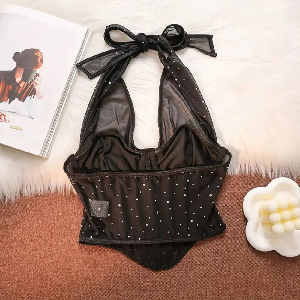 

Elegant Transparent Mesh Crystal Camisole Slim Fit Sleeveless Neck Halter Crop Top Shiny Mesh Rhinestone Corset Spring Summer