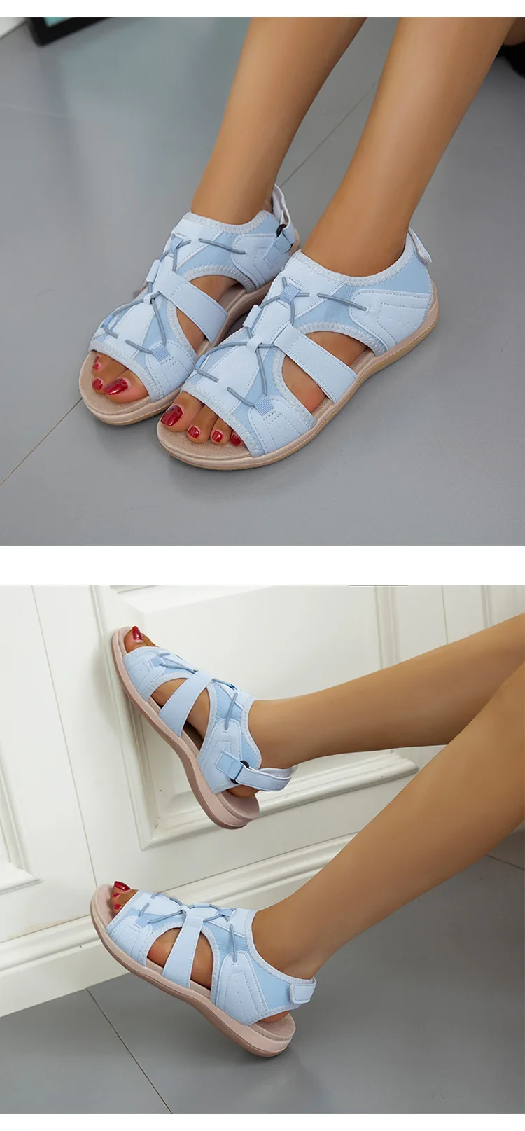 Damen Sandalen Sommer neue runde Kopf atmungsaktive lässige Sandalen große flache Strands andalen Frauen Zapatos de Mujer – Detail 10