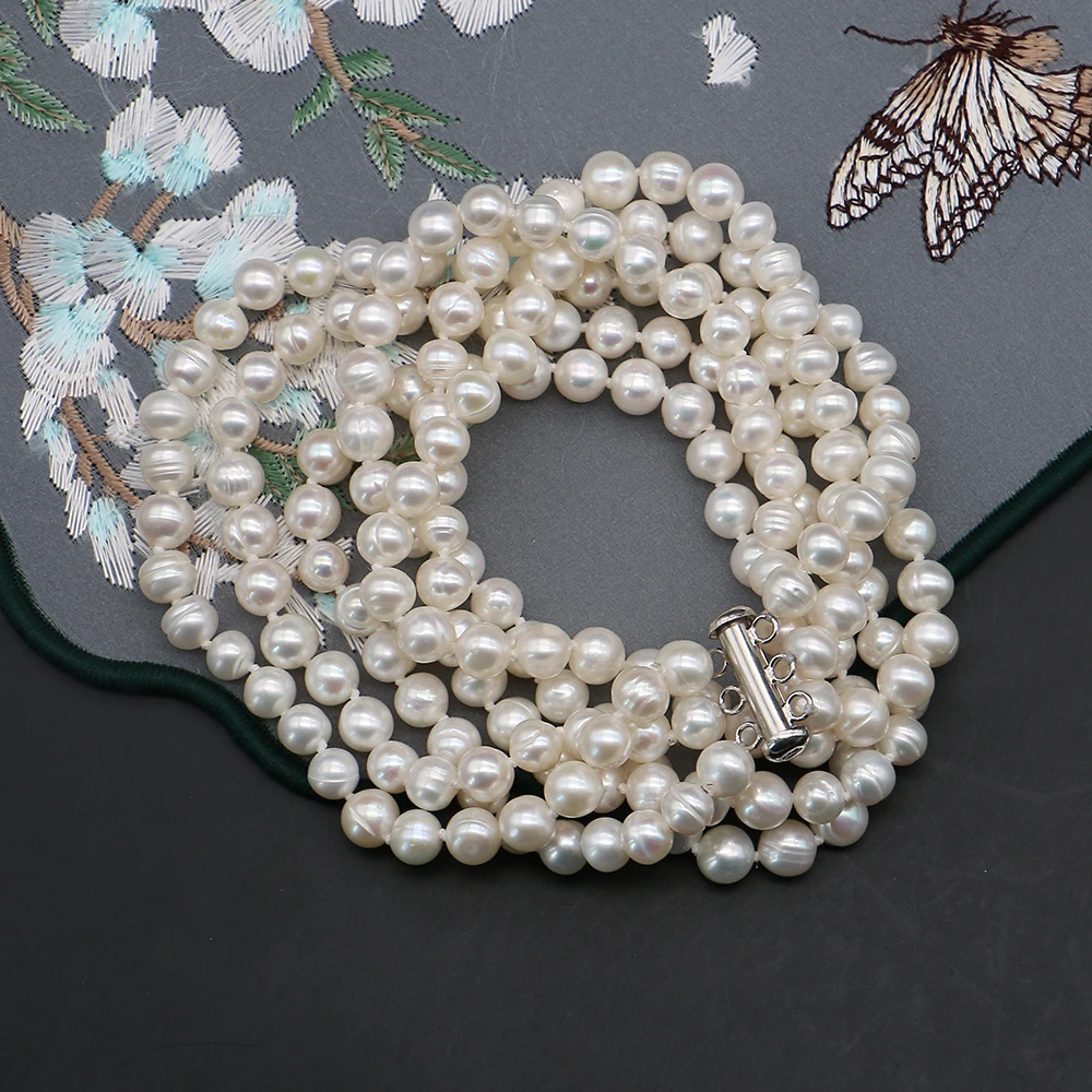 Natural Freshwater Pearl Threaded Round Bead Necklace with Three-Row Clasp Design 7-8mm Fashionable Women's Neck Jewelry Gift