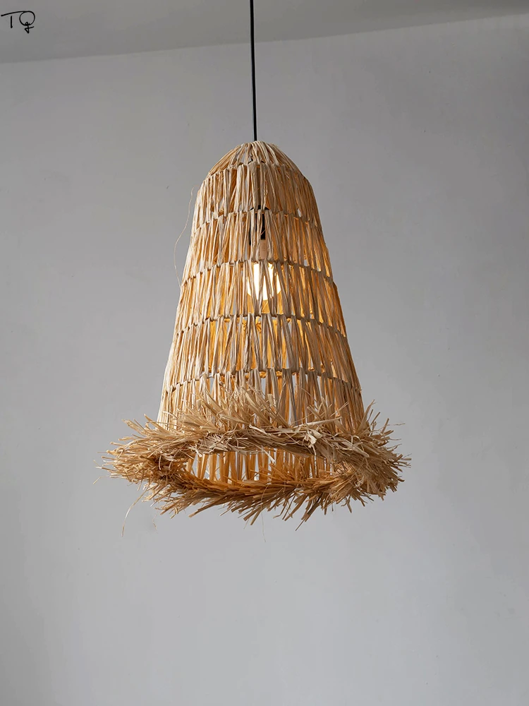 Japanese Design Wabi-Sabi Lafite Grass Rattan Weaving Pendant Lights LED E27 Zen Art Decorative Hanging Lamp Tea/Dining Room Bar