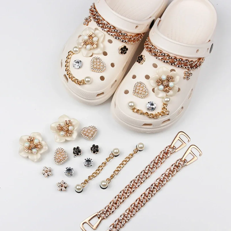 Shoe Charm DIY Pins Diamond Pearl Flower Metal Chain Decoration Buckle for Hole Shoe Charms Set Accessories Kids Girl Gift