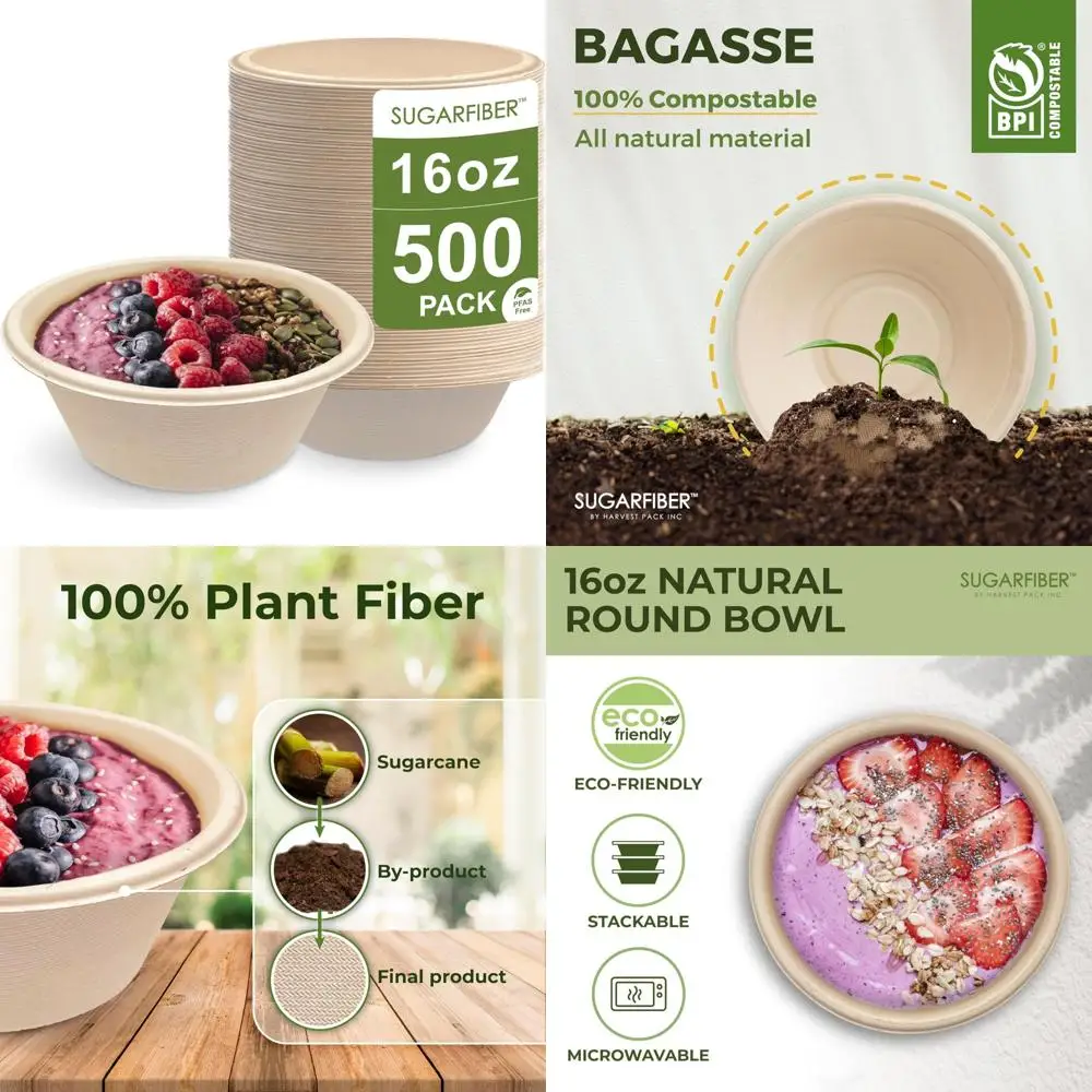 

Compostable Heavy-Duty Bagasse Acai Bowls, 500 Count, 16oz, PFAS Free, Eco-Friendly Disposable Round Paper Bowls, Bulk Pack