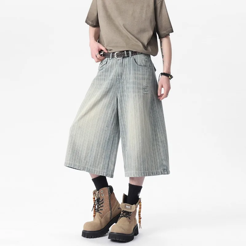 

Lightly Ripped Design Men's Black Grey Denim Shorts Buttoned Striped Fashion Summer New Wide Leg Knee Length Pants