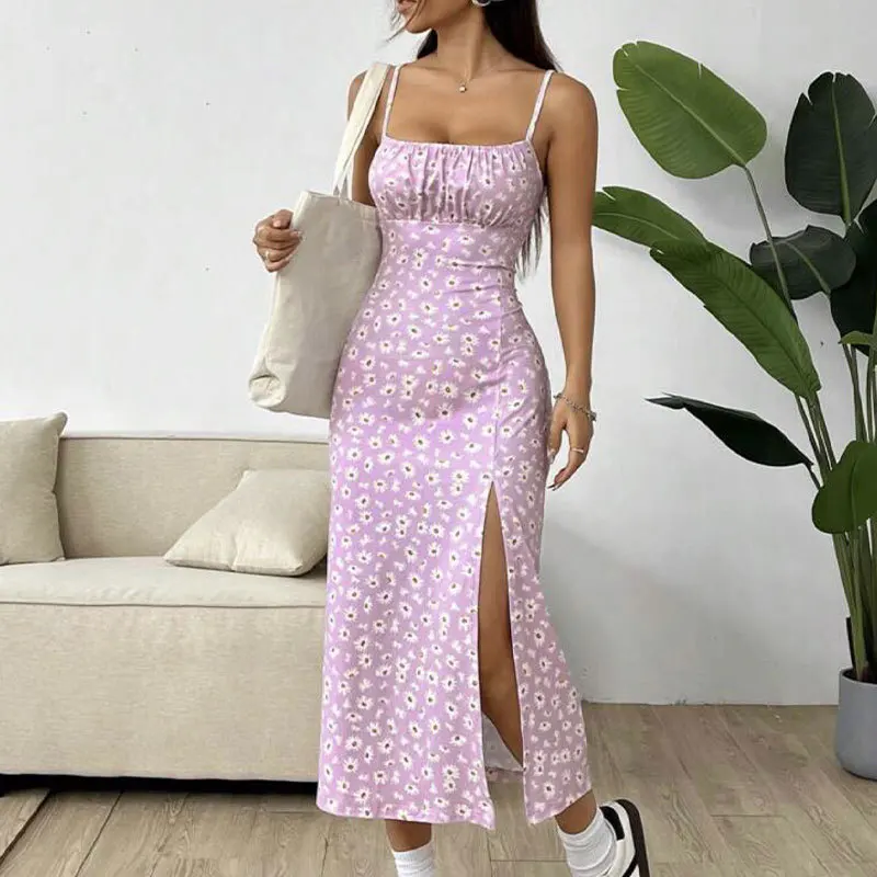 ใหม่ Fragmented ดอกไม้ชุดผู้หญิงฤดูร้อน 2025 เซ็กซี่ Slim สปาเก็ตตี้ชุดเดรสผู้หญิงด้านข้าง Bodycon ชุดหญิง