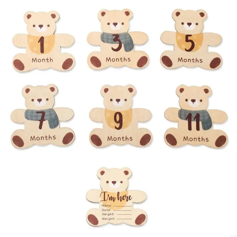 

76HF 7Pcs/set Double-Sided Wooden Baby Landmark Cartoon Bear Monthly Photo Props for Capturing Baby Boys Girls Growth
