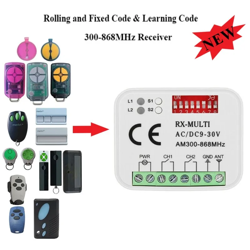 Receptor remoto da porta da garagem da multi-frequência, controlo a distância, tipo, 300-868MHz, PTX4, PTX5, TM305C, TX2REV, Ditec PHOX2