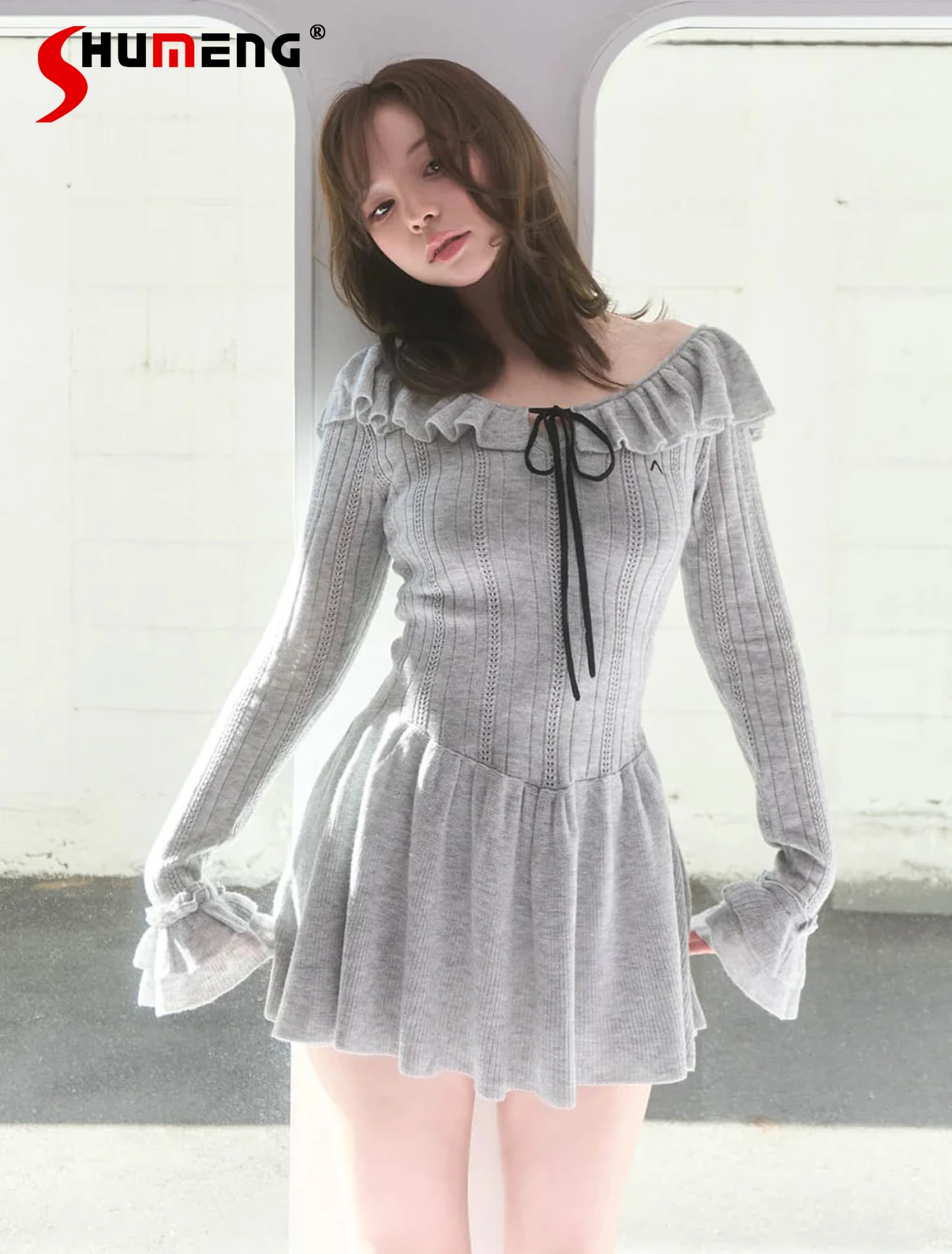 

Japanese Sweet Off Shoulder Mini Dress Spring and Autumn 2025 Women's Slim Sexy Long-sleeved Knit Dress Lady Daily Basic Dress