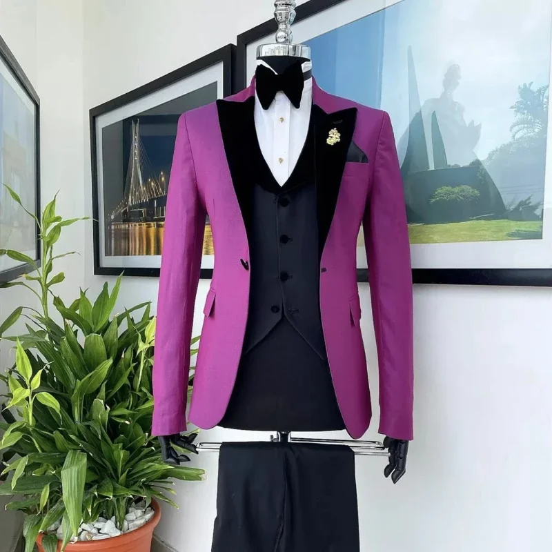 

Slim Fit Wedding Men Suits 3 Piece Groom Tuxedo Business Fashion Velvet Peaked Lapel Blazers (Jacket + Vest + Pants)