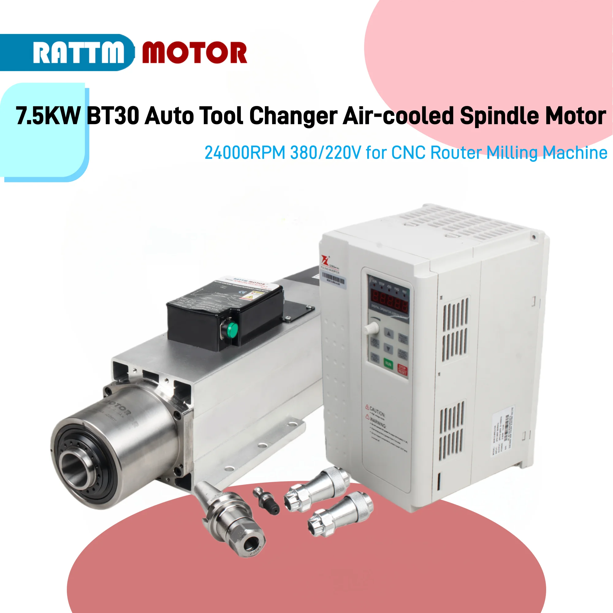 Auto Tool Changer ATC Spindle Motor BT30 7.5KW Square Air Cooled 220V 380V & 7.5KW FULING Inverter VFD CNC Router Drilling Kit