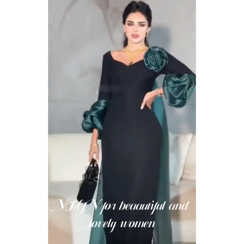 NFYN robes de soirée en Satin noir robe de nuit à manches régulières plis fleurs robe de soirée avec fermeture éclair dos balayage Train personnalisé