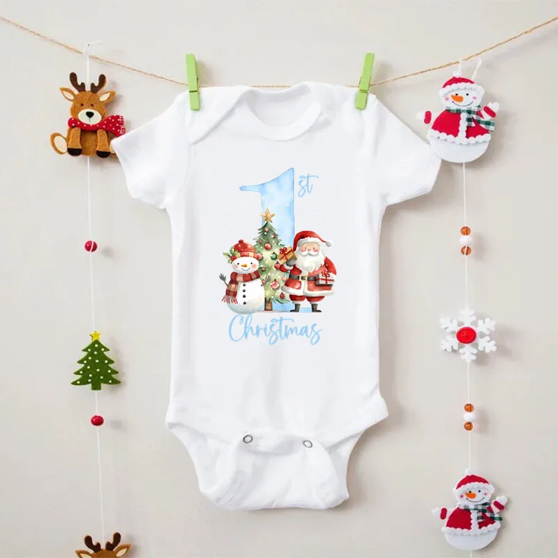 

Cute My 1st Christmas Santa and Snowman Baby Girl Clothes Short Sleeve 100% Cotton Newborn New Year Romper Christmas Costume