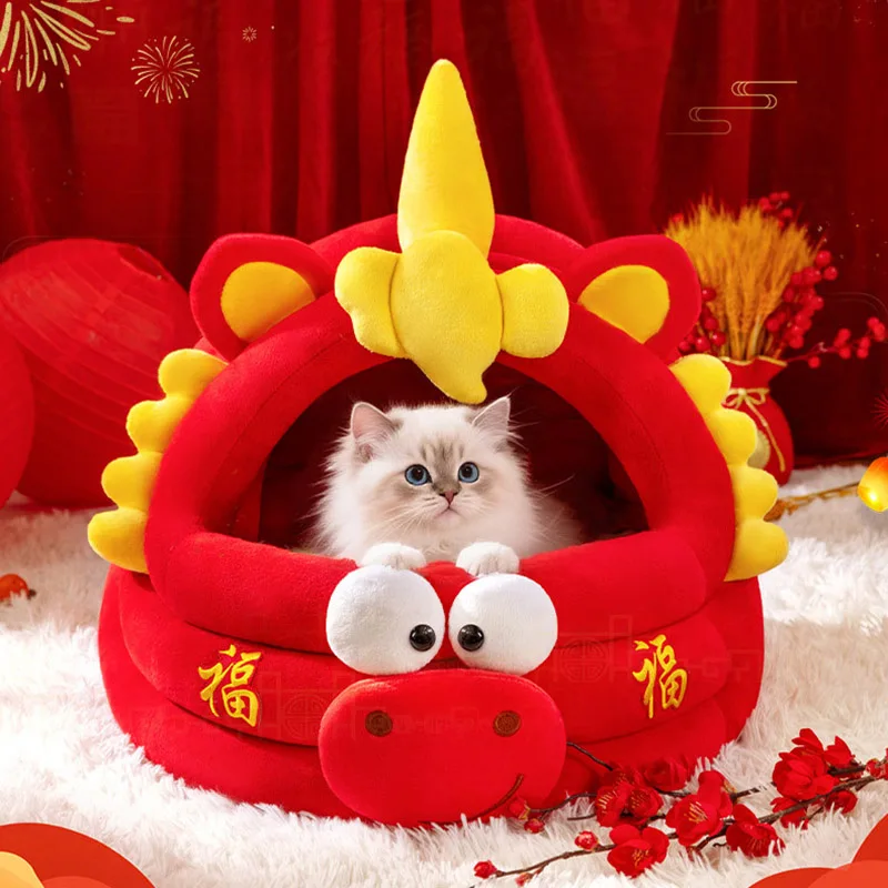 

2026 New Year Semi Enclosed Pet House Comfortable Cozy Warm Thickened Festive Celebratory Red Cat Bed Luxury Gifts for Pets