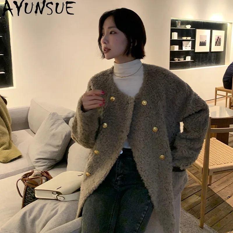 AYUNSUE Women Mid-Length Lamb Shearling Fur One Piece Coat Ladies Winter Clothing Loose Fit Fashion Jacket 2026 Casaco De Pele