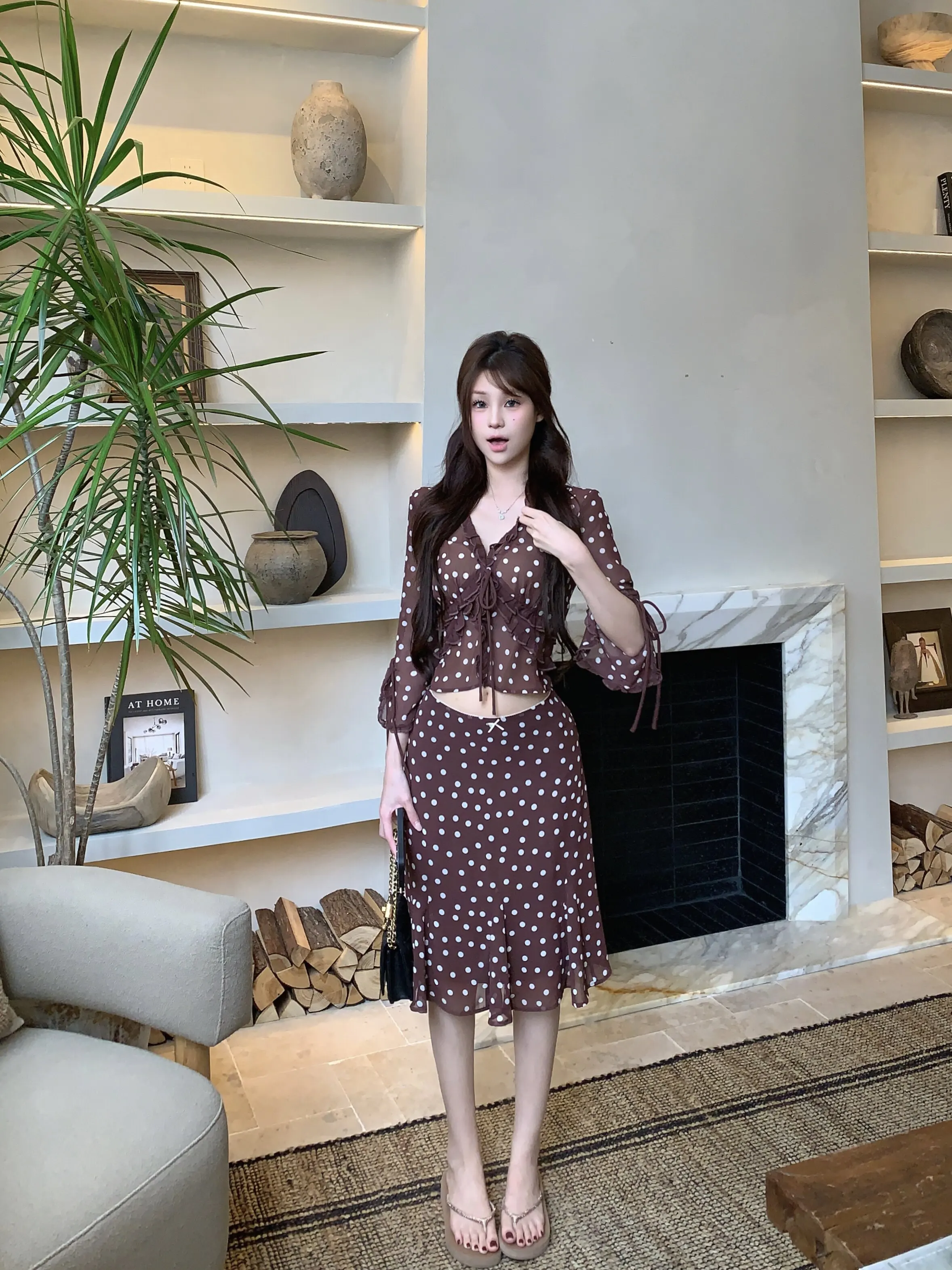 Women Spring Summer 2 Piece Outfits Polka Dot V-Neck Long Sleeve Shirt Top with High Waist Mermaid Skirt Set