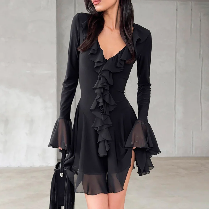 

Elegant Layered Mini Skirt Sexy Low-Cut Ruffled Waist-Cinching Dress Stylish Women Solid Color Ruffle Sleeve Dress Casual Dress