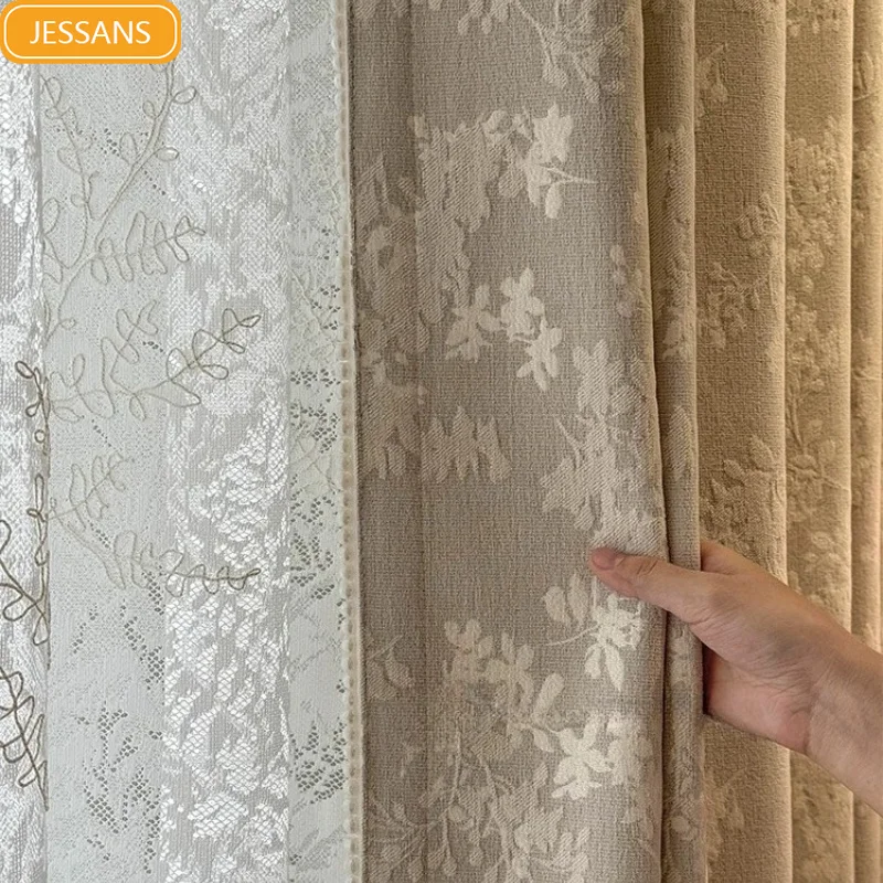 French Cream Jacquard Pearl Lace Chenille Jacquard Curtains for Living Room Bedroom Window Customized French Window Tulle