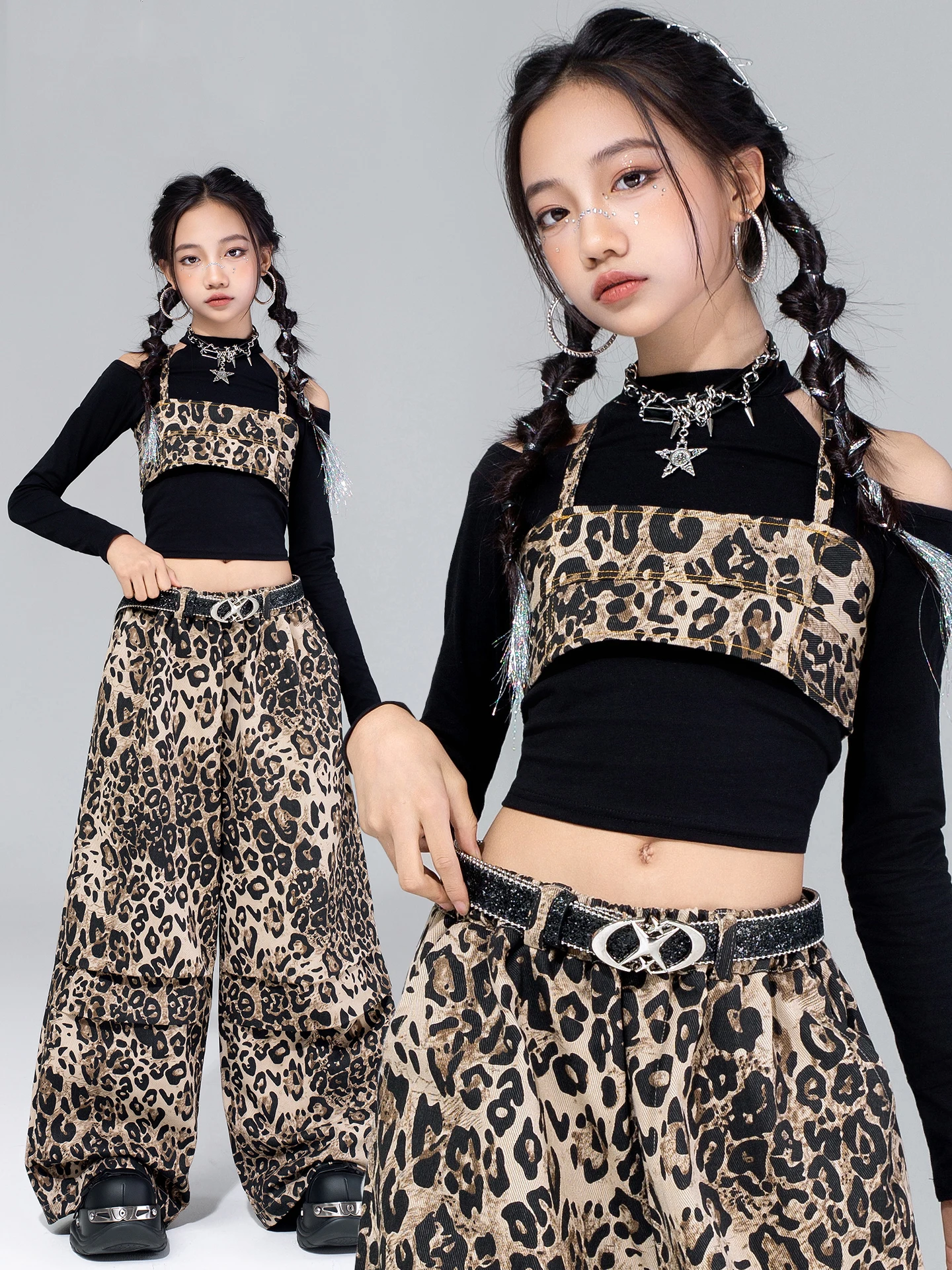 

Модный леопардовый костюм для джазовых танцев для девочек, детская одежда для бальных танцев, детская одежда в стиле хип-хоп, наряды Kpop, уличная одежда DW11077