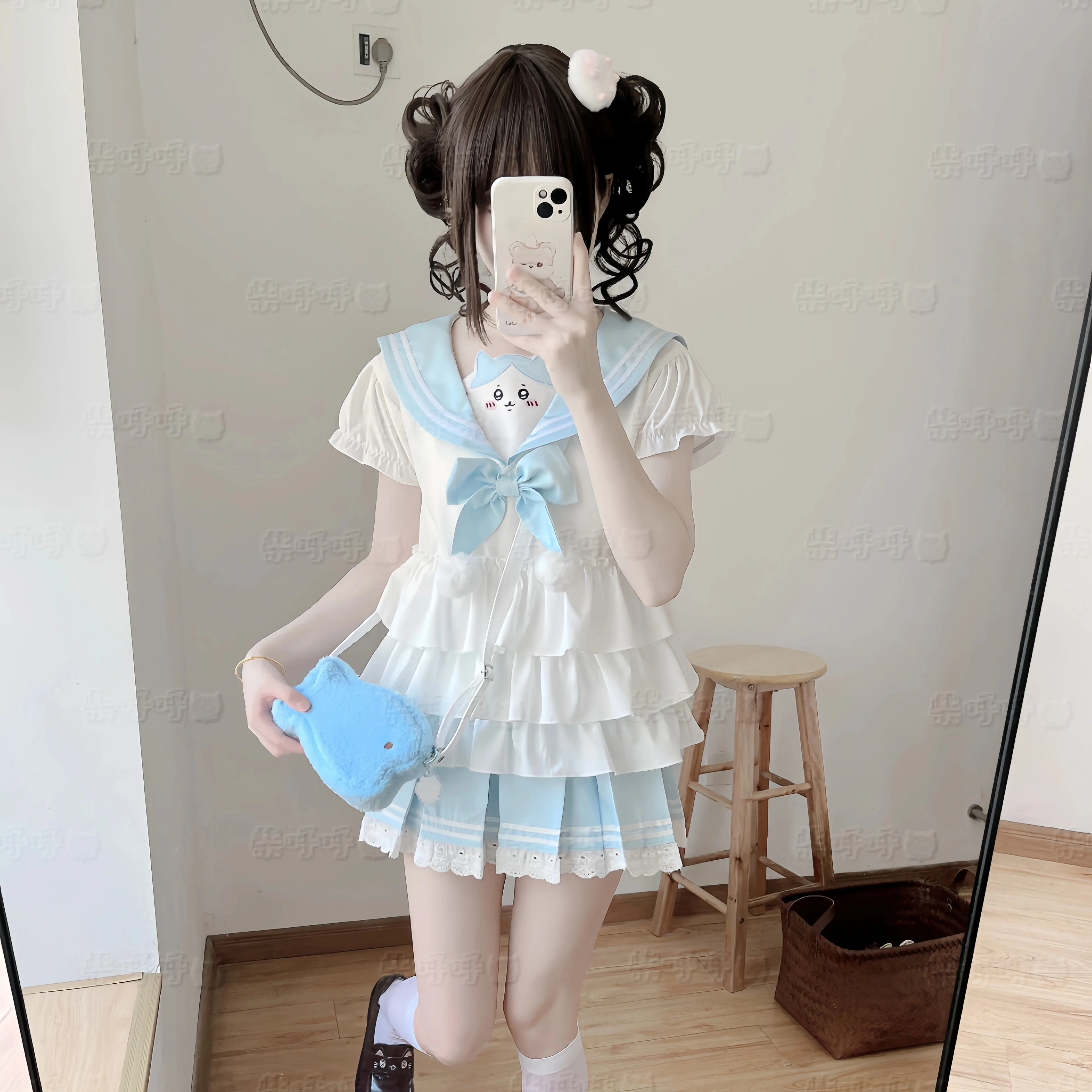 Original Daughter's Kawaii Skirt Set 2025 Summer New Japanese Sweet Girl Lo Navy Collar Short-sleeved Top Mini Skirt 2-piece Set