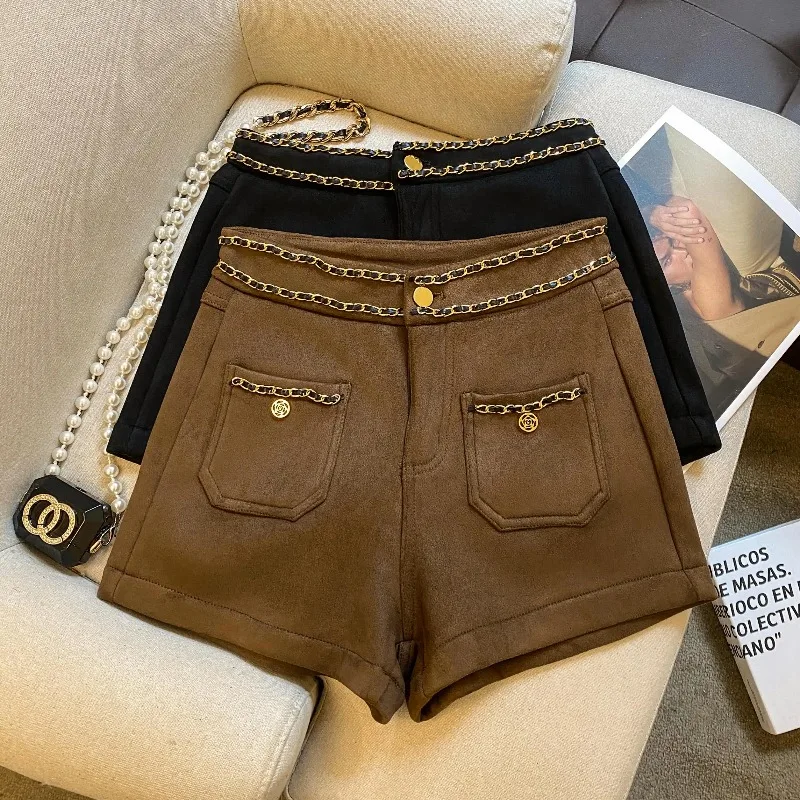 

Новые модные шорты-цепочки для женщин, элегантные офисные шорты с высокой талией, карманами, однотонные, широкие штанины, осенне-зимняя женская одежда