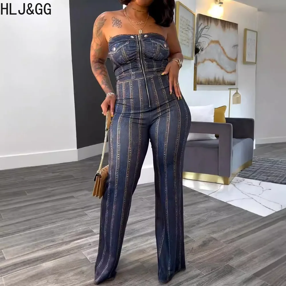 

HLJ&GG Blue Elegant Lady Printing Wide Leg Pants One Pieces Jumpsuits Women Off Shoulder Sleeveless Backless Straight Playsuits