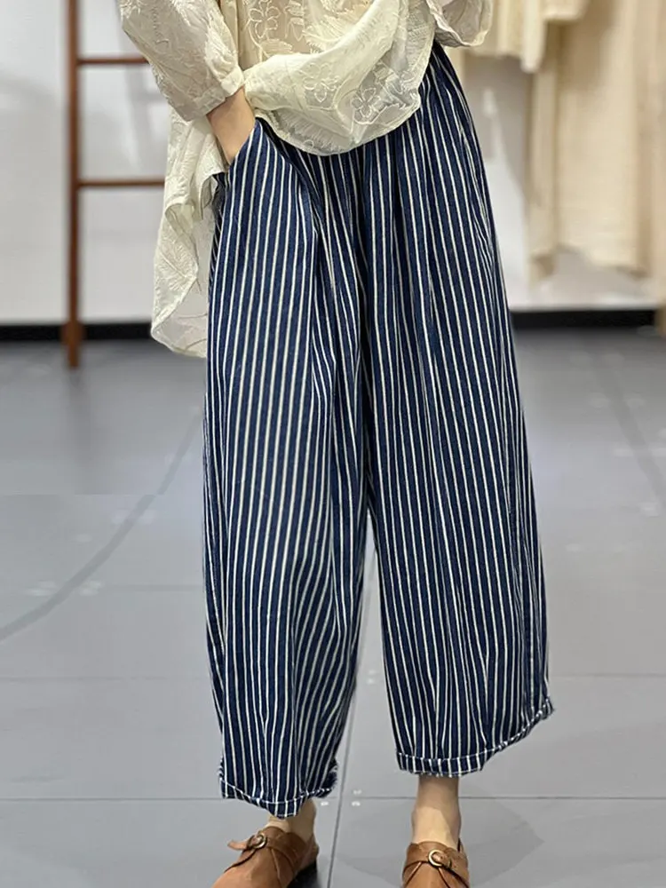 한국 슬레 캐주얼 팬츠 스트라이프 루즈 슬리밍 에이지 디파잉 다용도 코튼 와이드 레그 팬츠 하이 웨이스트 스트레이트 레그