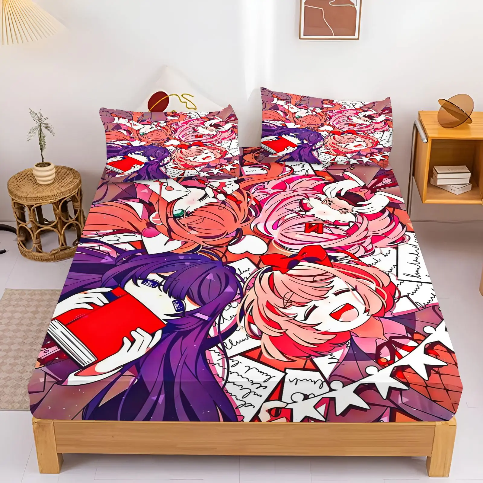 Doki Doki Literature Club Bedding Set Anime Girl Printed Fitted Sheet Pillowcases Pink Polka Dot Mattress Cover Bedroom Home
