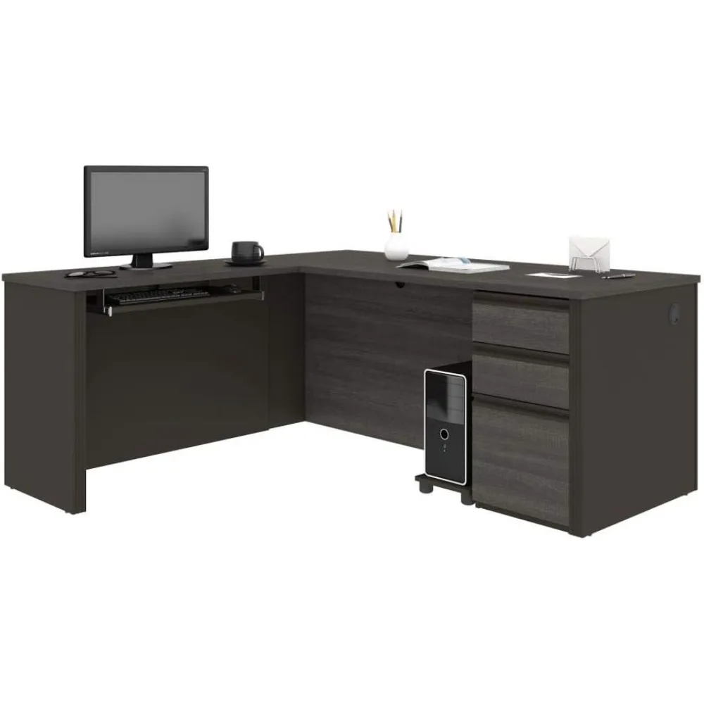 

Luxury 72W Bark Grey and Slate L-Shaped Desk with Pedestal