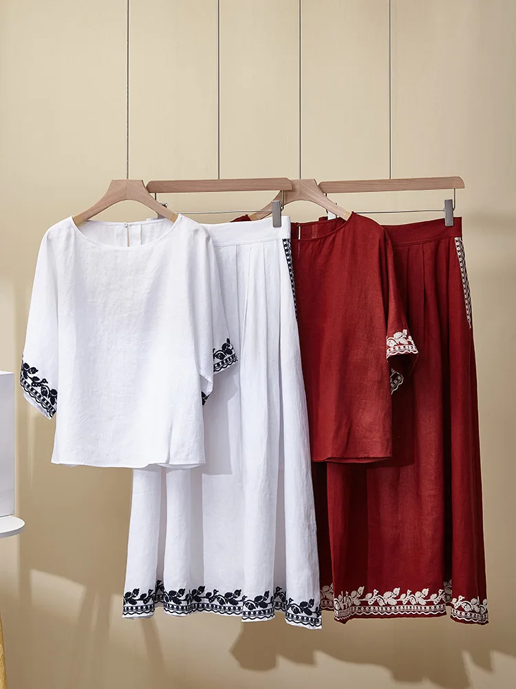 Summer New Shirt Suit Loose Heavy Embroidery Linen Skirt Short Sleeve Versatile Two-Piece Suit For Women