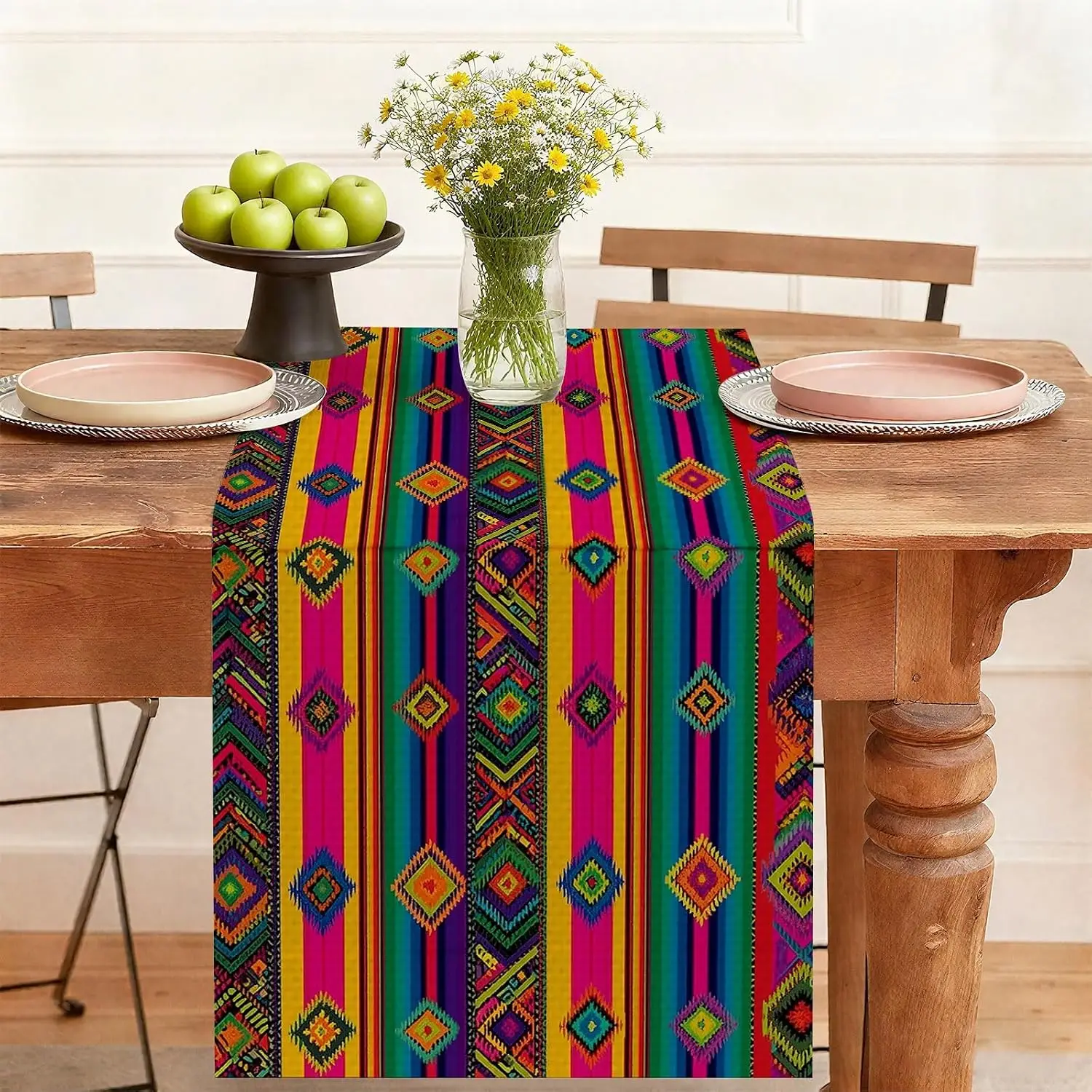 Mexican Colorful Stripes Linen Table Runner Holiday Party Decor Reusable Kitchen Dining Table Runner Day of The Dead Decorations