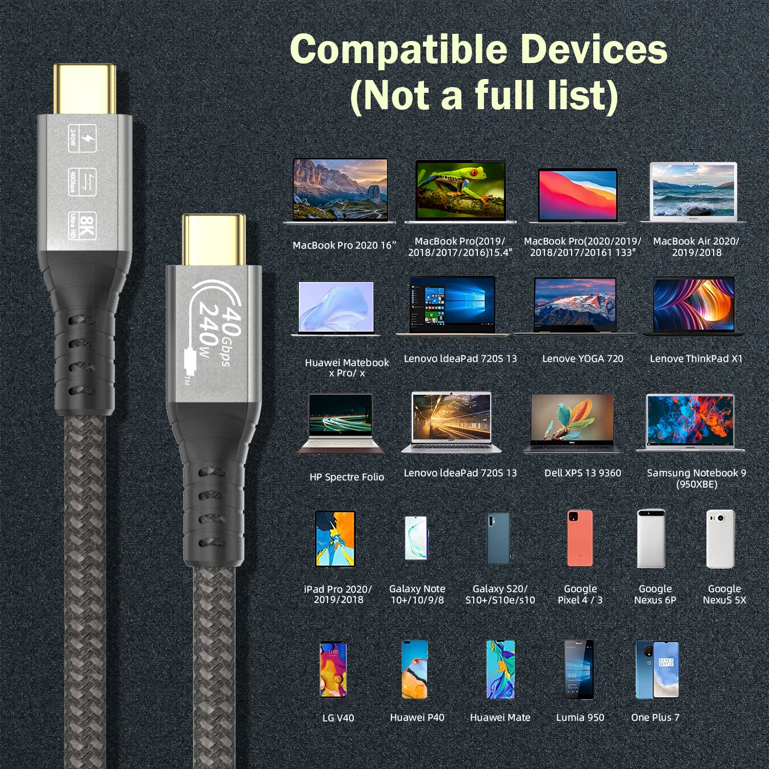 CableDeconn USB4 240W Cable M USB-C Compatible with thunderbolt 3 4 8K/4K 60Hz Video 40Gbps Data Transmissions Rate 20V 5A 100W