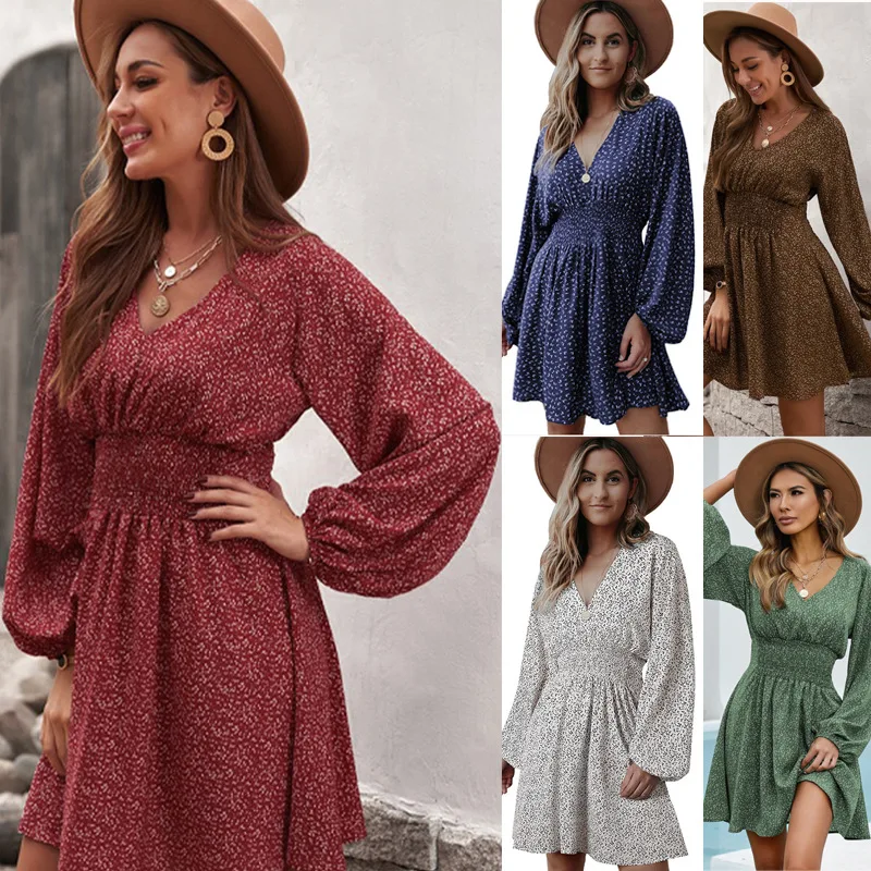Vintage Elegant Women's Mini Dress Holiday Casual V-Neck Pullover Bohemian Floral Printed Lantern Long Sleeve Fragmented Dresses