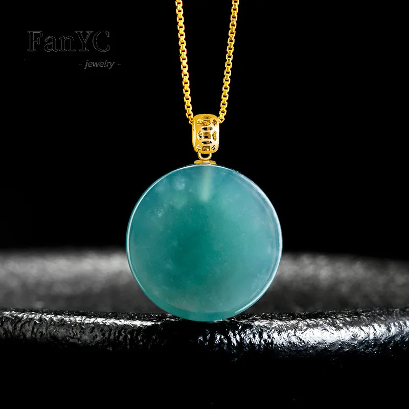 Myanmar A-goods Jadeite Blue Water Small Round Plate Amulet Pendant 18K Gold Buckle Simple Fashion Ice Jade Necklace