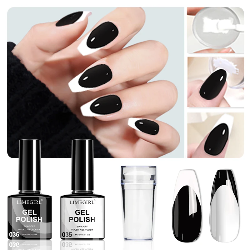 LIMEGIRL 8-ml-Gel-Nagellack-Set mit eingeprägtem French-Nagelkunst-Design, schwarz-weißes, einweichendes UV-Gel-Nagellack-Maniküre-Set