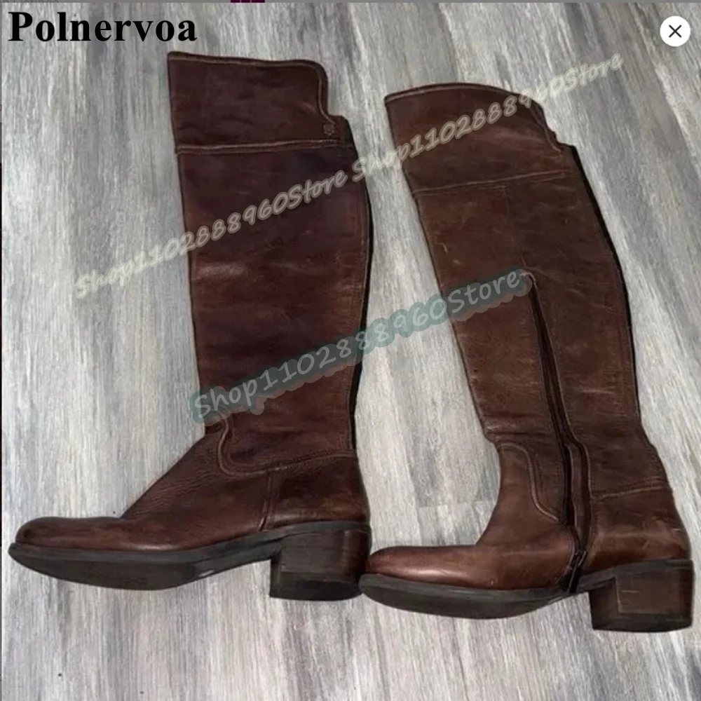 

Retro Style Knee High Brown Leather Knight Boots Thick Heel Women Shoes Side Zipper Round Toe Fashion Casual Zapatos Para Mujer