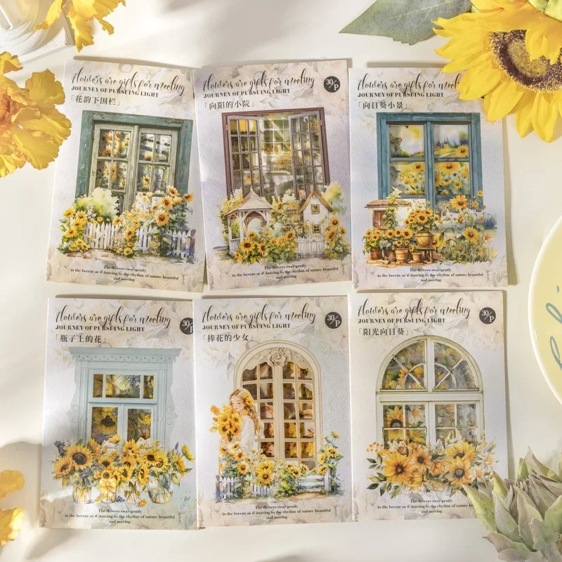 30pcs PET sticker pack Shaped collage Bottle Scene Sunshine Sunflower Scrapbook package Light-by-Light Travel 156*100mm