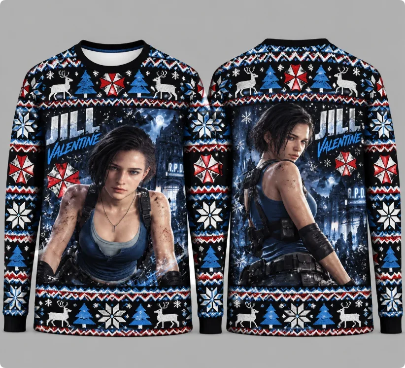 Resident Evil Game Character Ugly Christmas Sweater Umbrella Logo Snowflake Reindeer  Print Sweatshirt Xmas Party Pullove