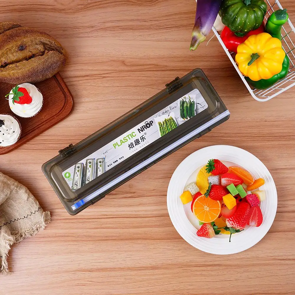 Tea Grey PET Cling Film Cutter Food Film Dispenser Magnetic Plastic Wrap Dispenser with Cutter Aluminum Stretch Storage Box