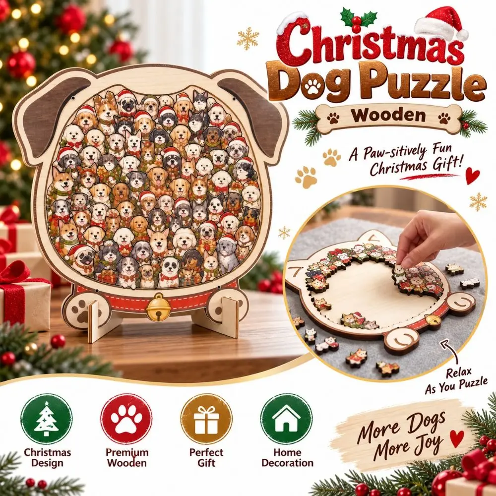 Wooden Christmas Dog Puzzle Three Dimensional Irregular Shape Wooden Jigsaw Puzzle Santa Pattern Freestanding