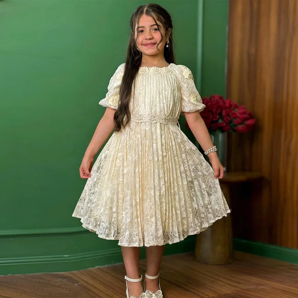 

Yellow Princess Dress Lace Flower Girl Dresses Cute Dress For Girls Puff Sleeves Birthday Dress Applique Short Kids' Dresses