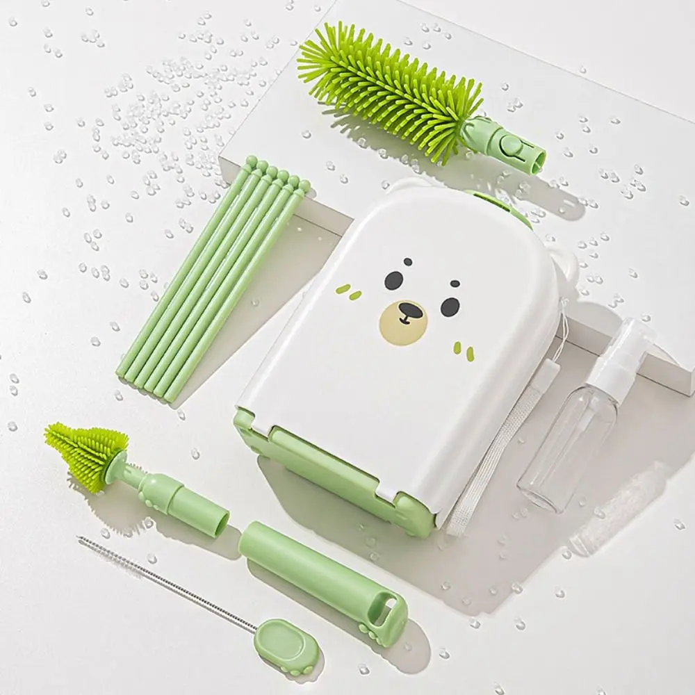 6-in-1 Baby Bottle Brush Set Space Saving Built-in Drain Rack Nipple Straw Cleaning Brush Portable Drying Rack Cup Brush