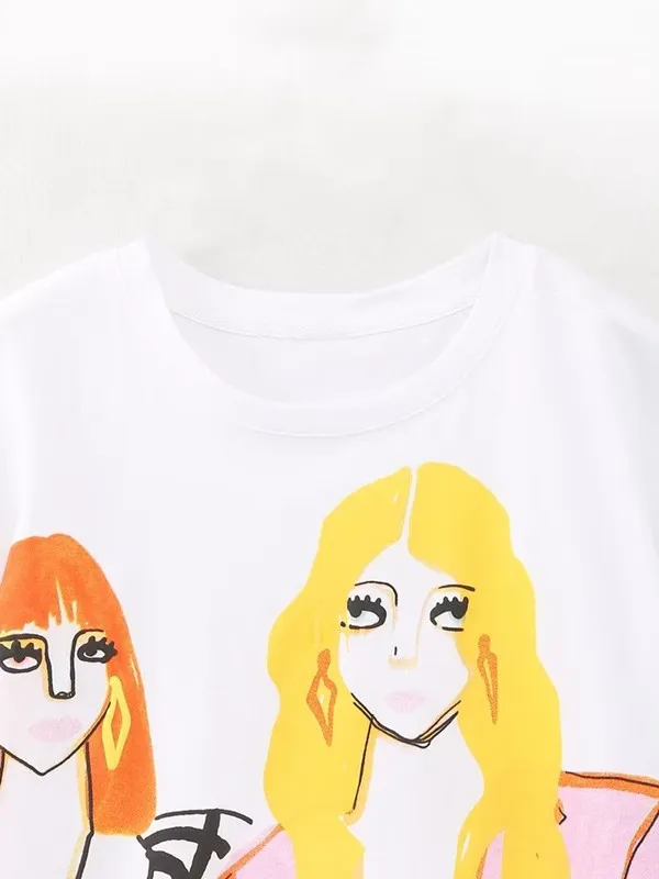 تي شيرت فضفاض مستدير Ne ort Sve أبيض للنساء تصميم مطبوع أنيق مريح مناسب كاجوال Sle كارتون إبداعي