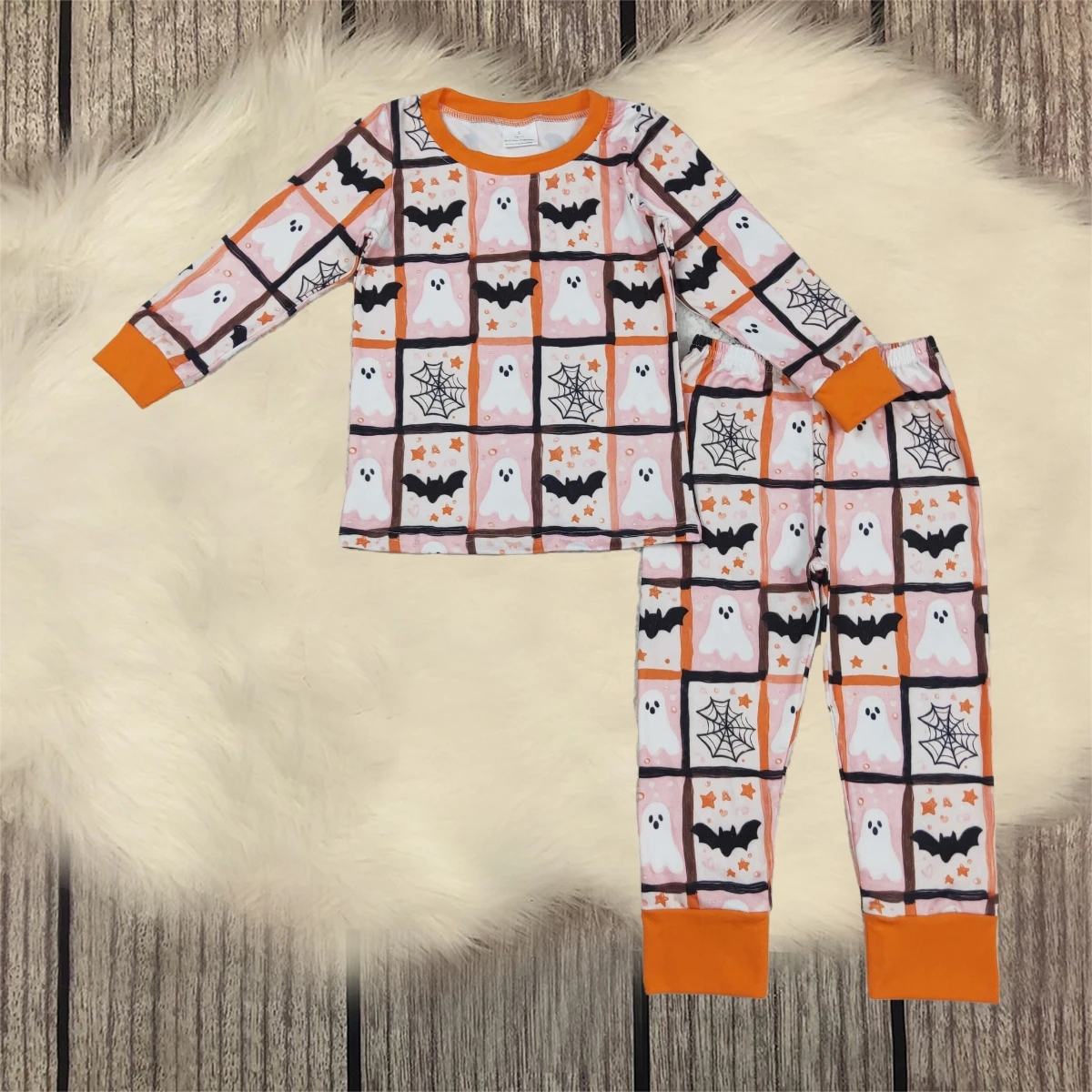 

Children Halloween Set Toddler Kid Long Sleeve Ghosts Bats Plaid Top Nightwear Baby Boy Pants Sleepwear Pajamas Outfit Wholesale
