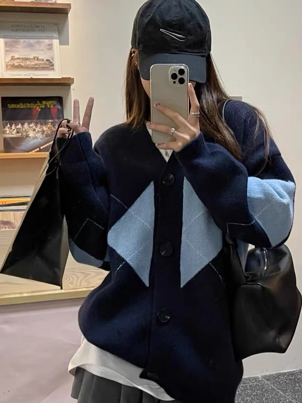 أوائل الخريف منقوشة متماسكة سترة معطف المرأة فضفاض الخامسne سترة طالب ملابس خارجية الرجعية كلية Sle طويلة Sve منتظم صالح #1