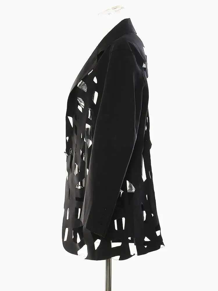 Out Women Black Hollow Burr Irregular Blazer New Lapel Long Sleeve Loose Fit Jacket Fashion Spring Autumn 2026 17PH