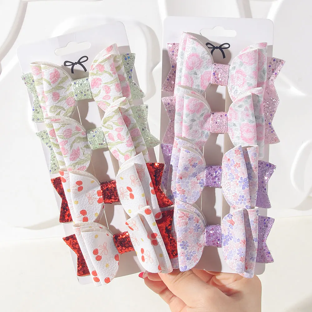 4Pcs/Set  Floral  Fruit Print Bow Hair Clips for Girls Child Glitter Bow Barrettes Sweet Korean Style Kids Hair Accessories