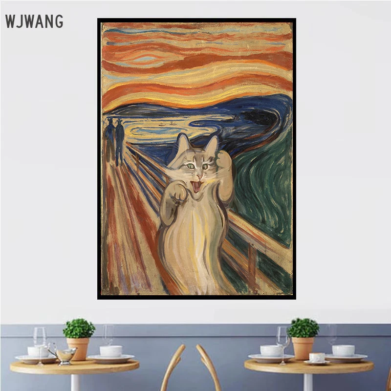 Funny Famous Painting Art Cat Screaming Canvas Painting Personality Poster Prints Wall Art Pictures for Living Room Home Decor