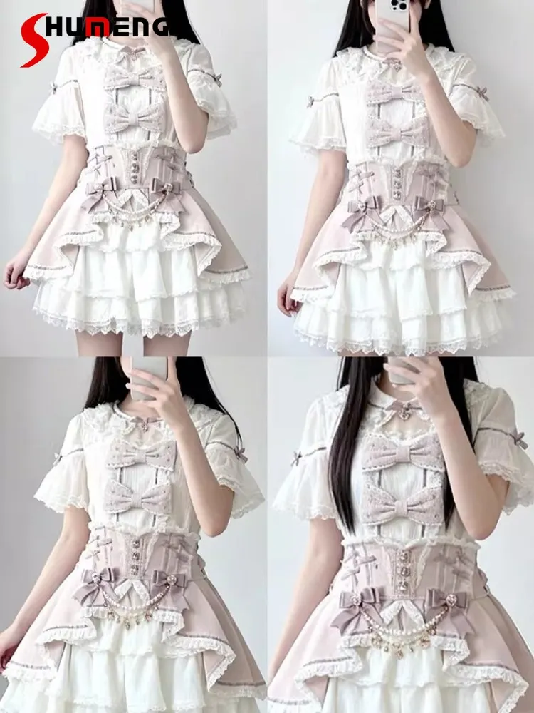 

Japanese Mines Style Liz Sweet Cute Skirts Lace Spliced Detachable Chain Bow High Waist A-line Versatile Lolita Cake Skirt Women