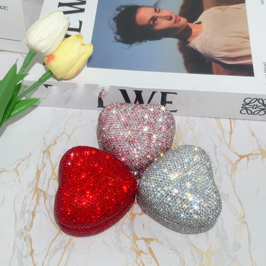 Sparkling Rhinestone LED Jewelry Ring Box Heart Shaped Ring Box Display Box with Light for Engagement Wedding Storage Case